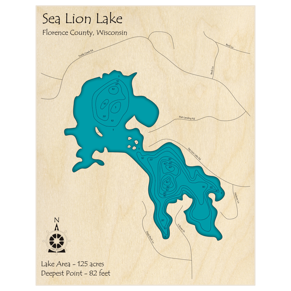 Bathymetric topo map of Sea Lion Lake with roads, towns and depths noted in blue water
