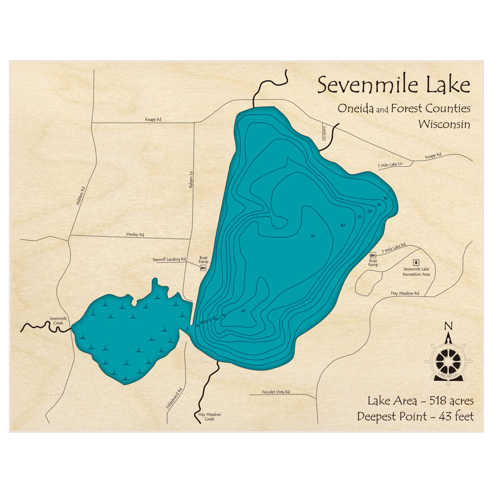 Bathymetric topo map of Sevenmile Lake with roads, towns and depths noted in blue water
