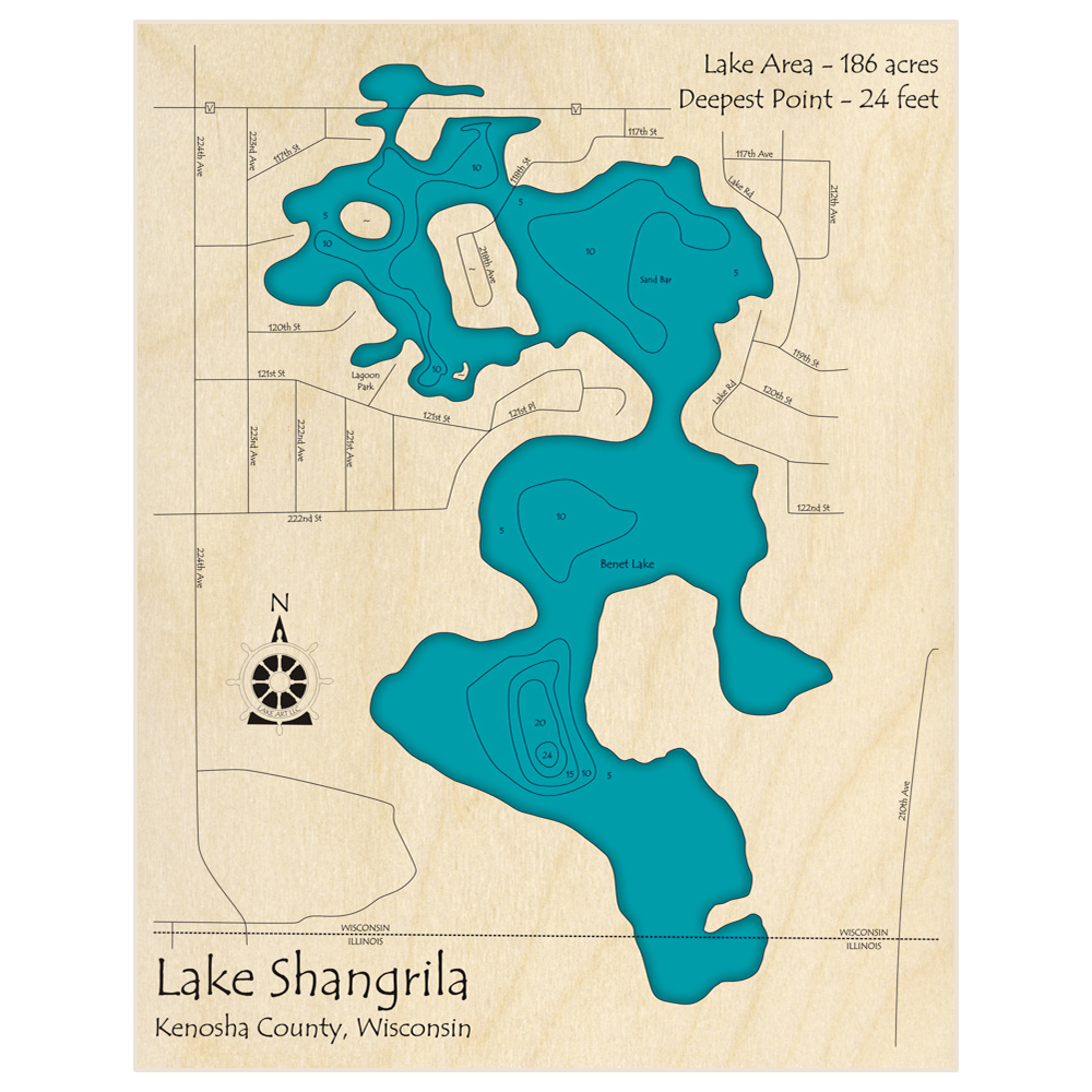 Bathymetric topo map of Lake Shangrila (and Benet) with roads, towns and depths noted in blue water