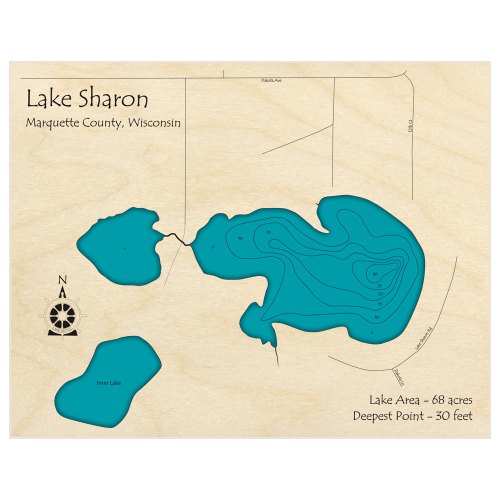 Bathymetric topo map of Lake Sharon with roads, towns and depths noted in blue water