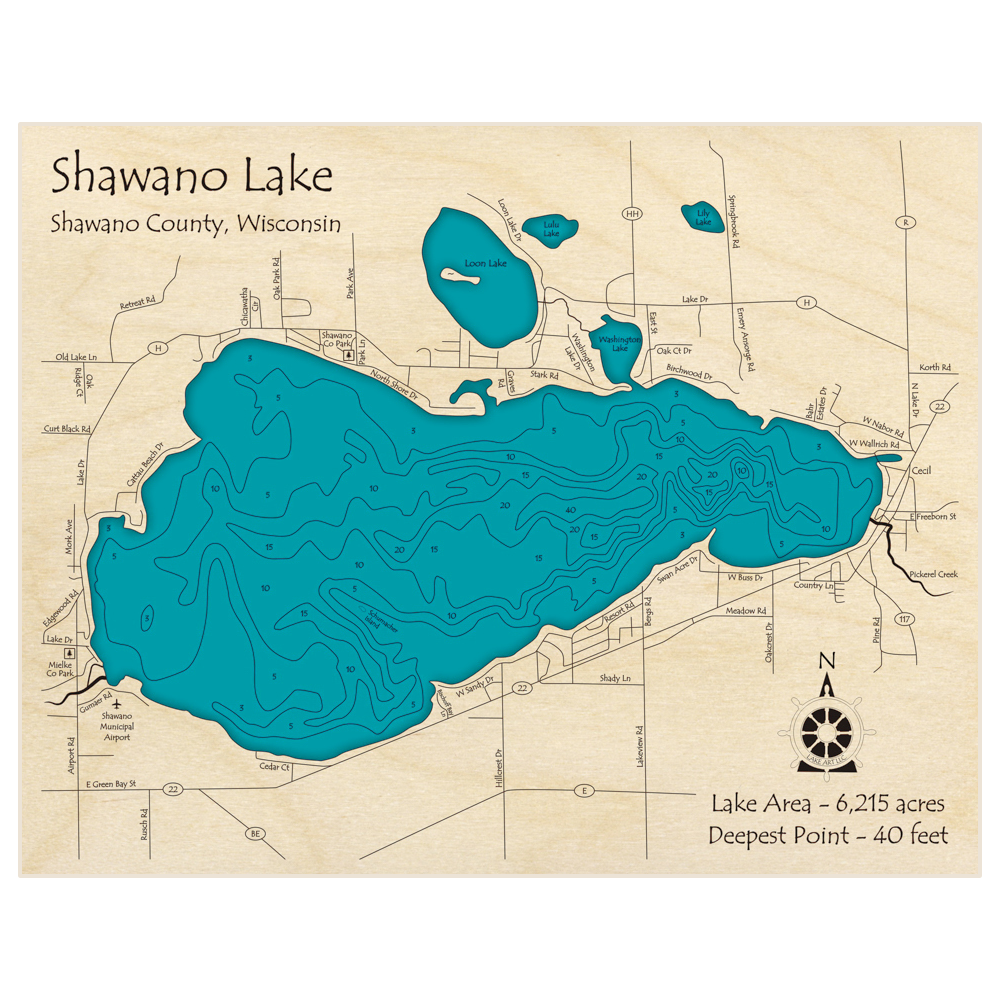 Bathymetric topo map of Shawano Lake with roads, towns and depths noted in blue water
