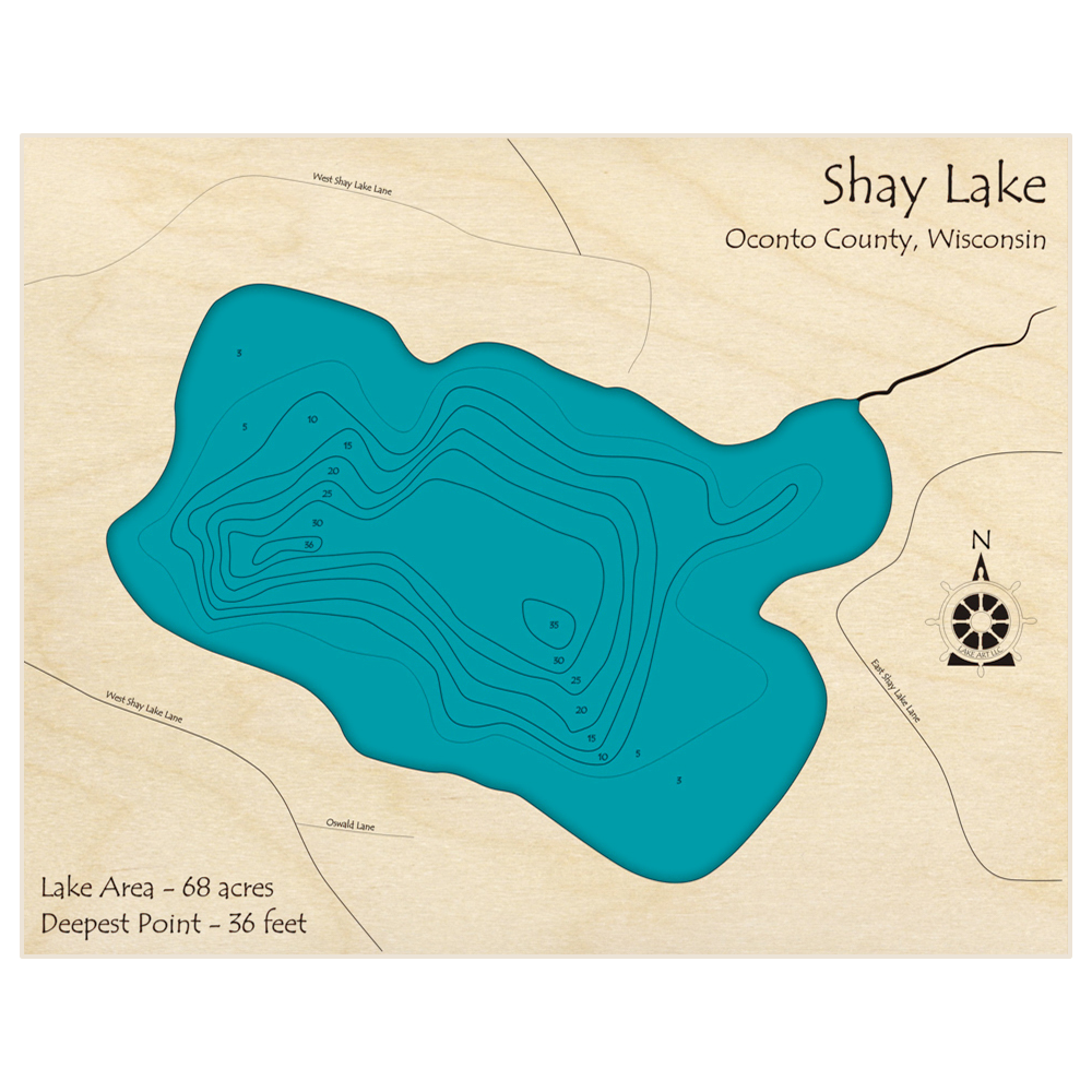 Bathymetric topo map of Shay Lake with roads, towns and depths noted in blue water