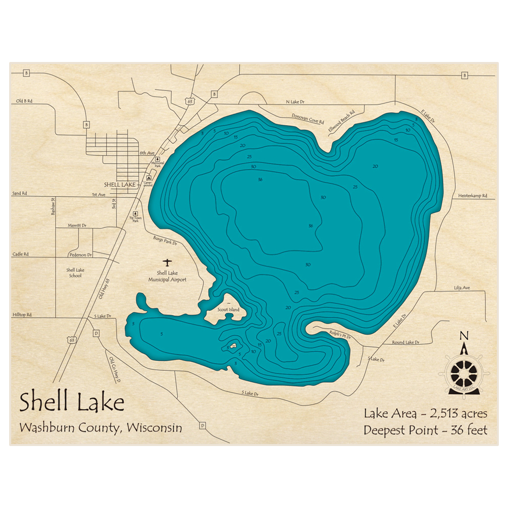 Bathymetric topo map of Shell Lake with roads, towns and depths noted in blue water