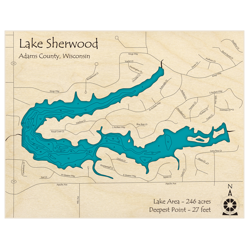 Bathymetric topo map of Lake Sherwood with roads, towns and depths noted in blue water
