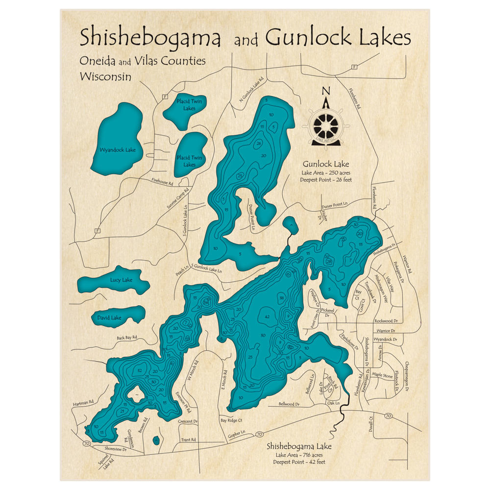 Bathymetric topo map of Shishebogama Lake (With Gunlock Lake) with roads, towns and depths noted in blue water