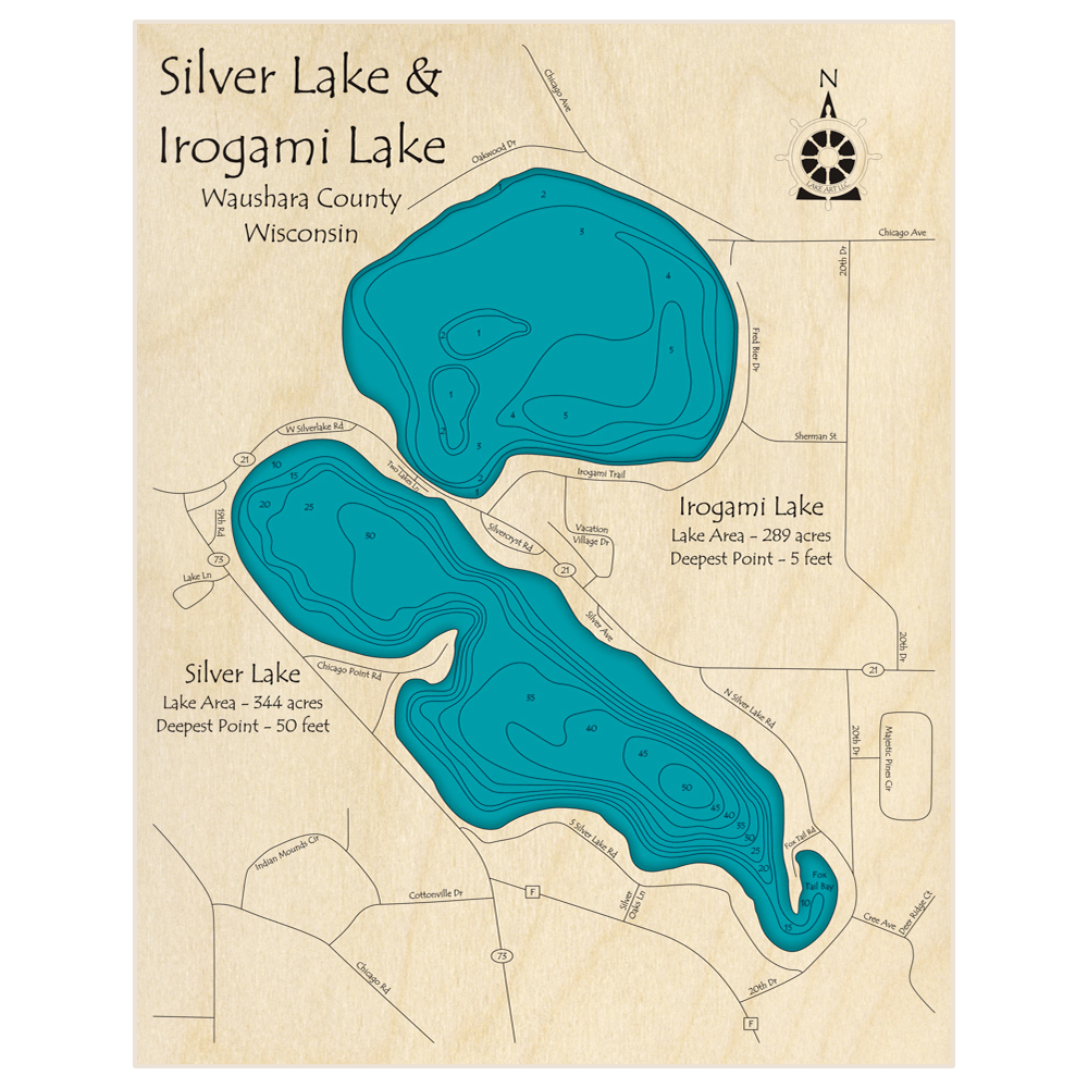 Bathymetric topo map of Silver Lake (With Irogami Lake) with roads, towns and depths noted in blue water