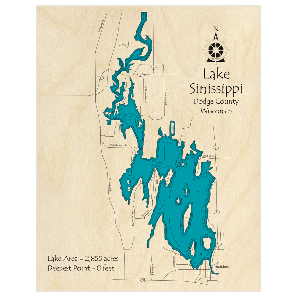 Bathymetric topo map of Lake Sinissippi with roads, towns and depths noted in blue water