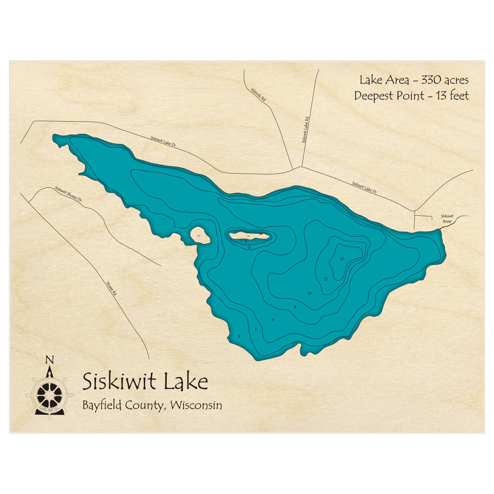 Bathymetric topo map of Siskiwit Lake with roads, towns and depths noted in blue water