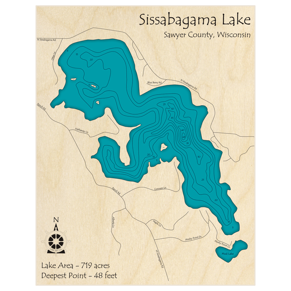 Bathymetric topo map of Sissabagama Lake with roads, towns and depths noted in blue water