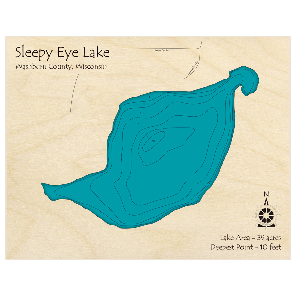 Bathymetric topo map of Sleepy Eye Lake with roads, towns and depths noted in blue water