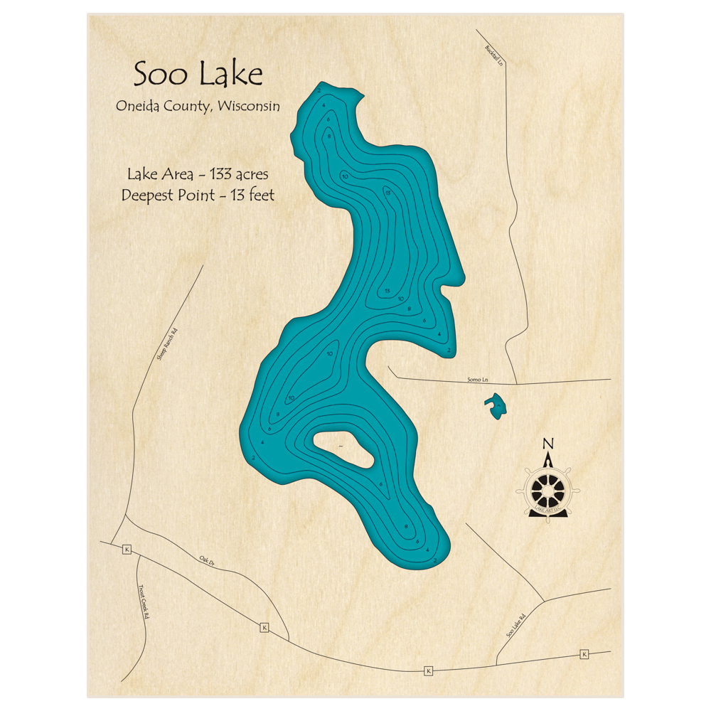 Bathymetric topo map of Soo Lake with roads, towns and depths noted in blue water
