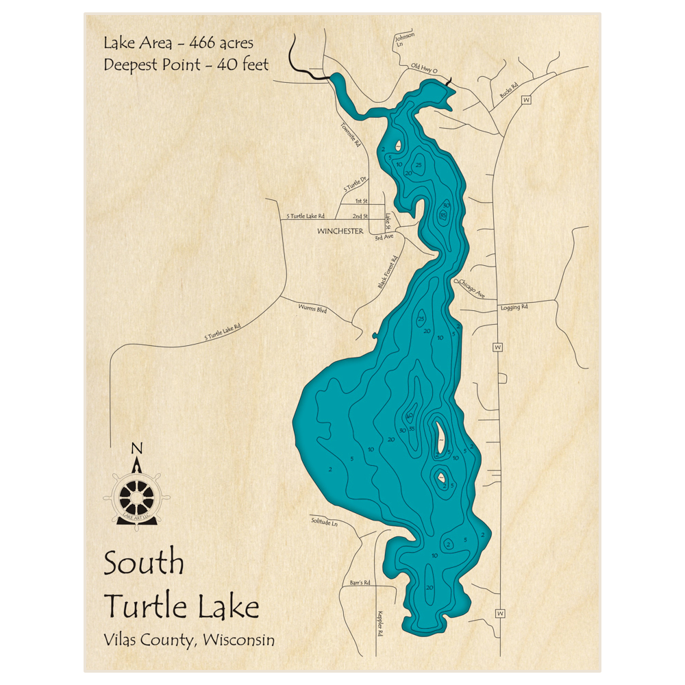 Bathymetric topo map of South Turtle Lake with roads, towns and depths noted in blue water