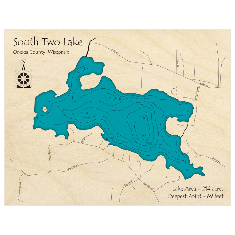 Bathymetric topo map of South Two Lake with roads, towns and depths noted in blue water