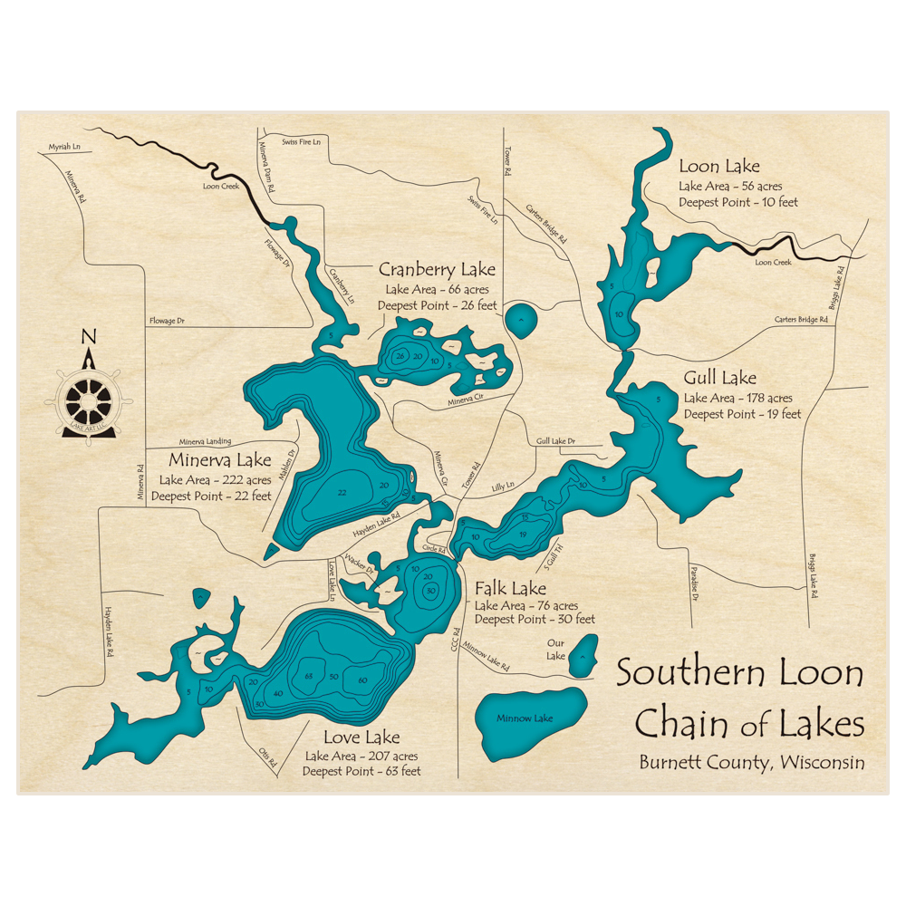 Bathymetric topo map of Southern Loon Chain of Lakes with roads, towns and depths noted in blue water