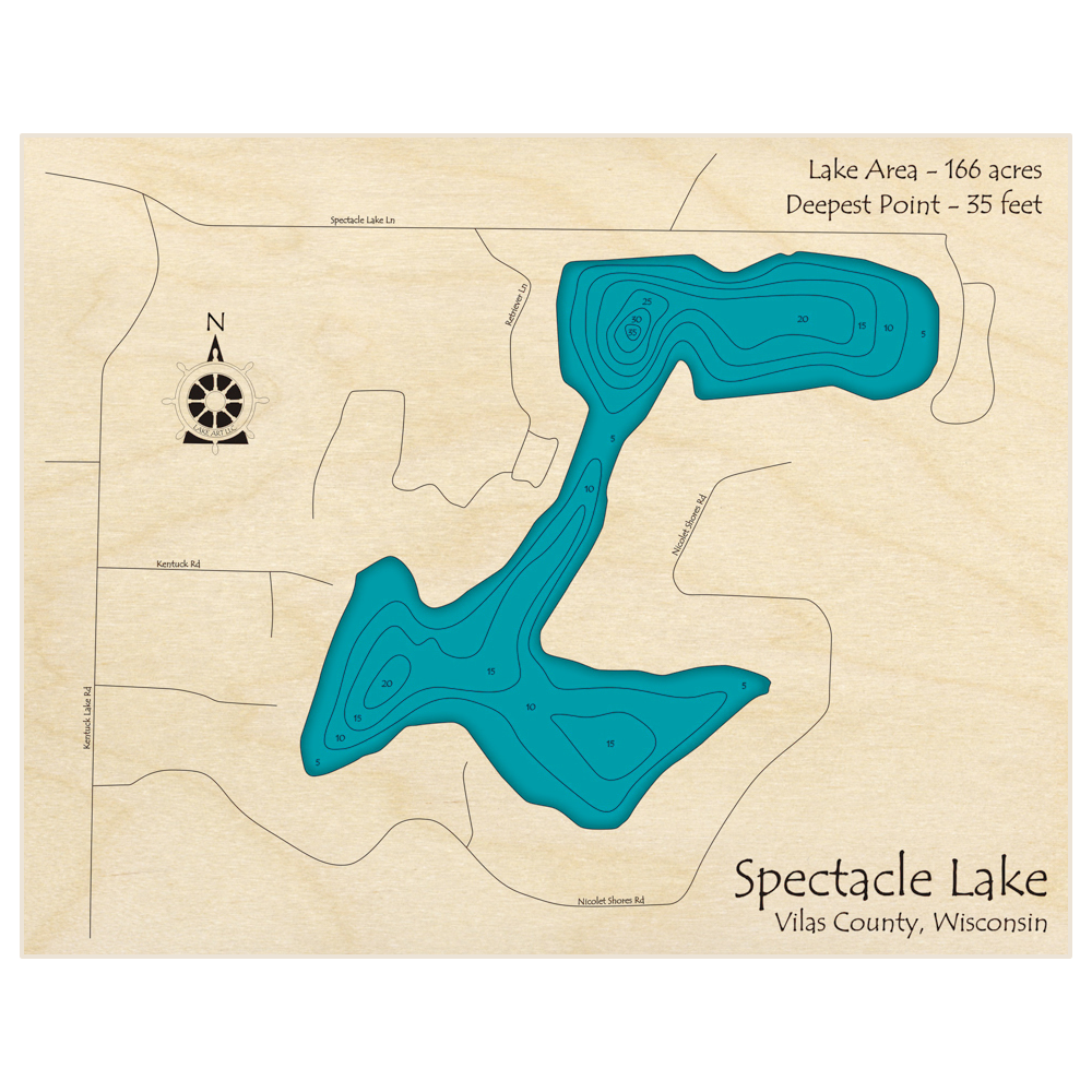 Bathymetric topo map of Spectacle Lake with roads, towns and depths noted in blue water