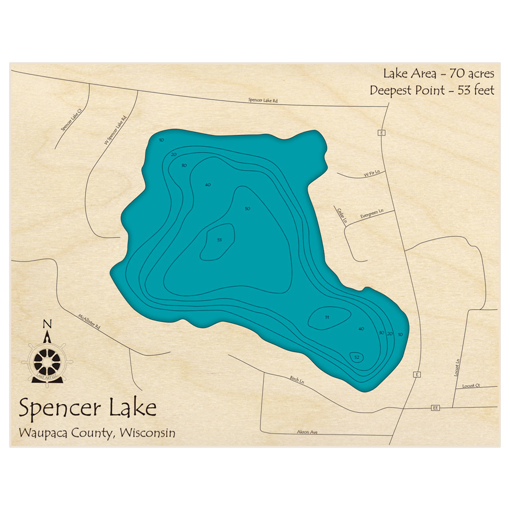 Bathymetric topo map of Spencer Lake with roads, towns and depths noted in blue water