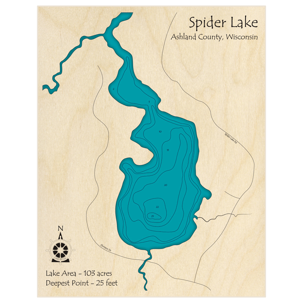 Bathymetric topo map of Spider Lake with roads, towns and depths noted in blue water