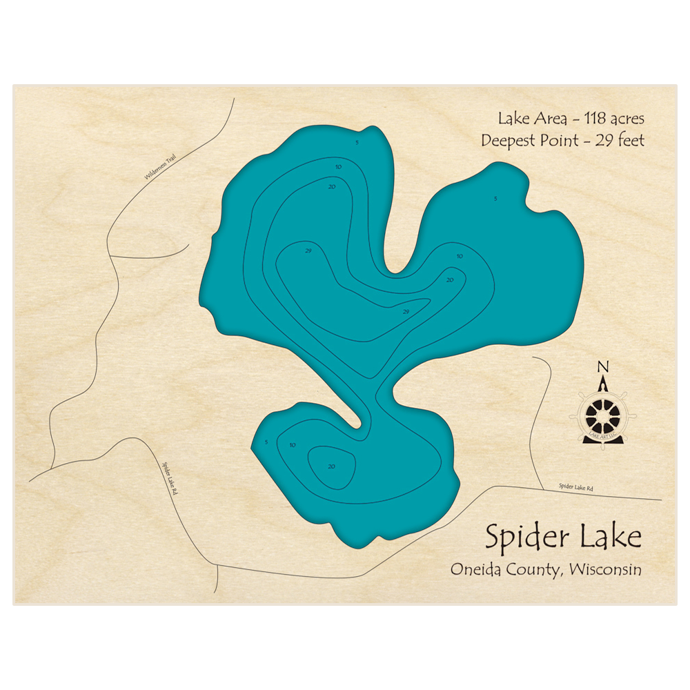 Bathymetric topo map of Spider Lake with roads, towns and depths noted in blue water