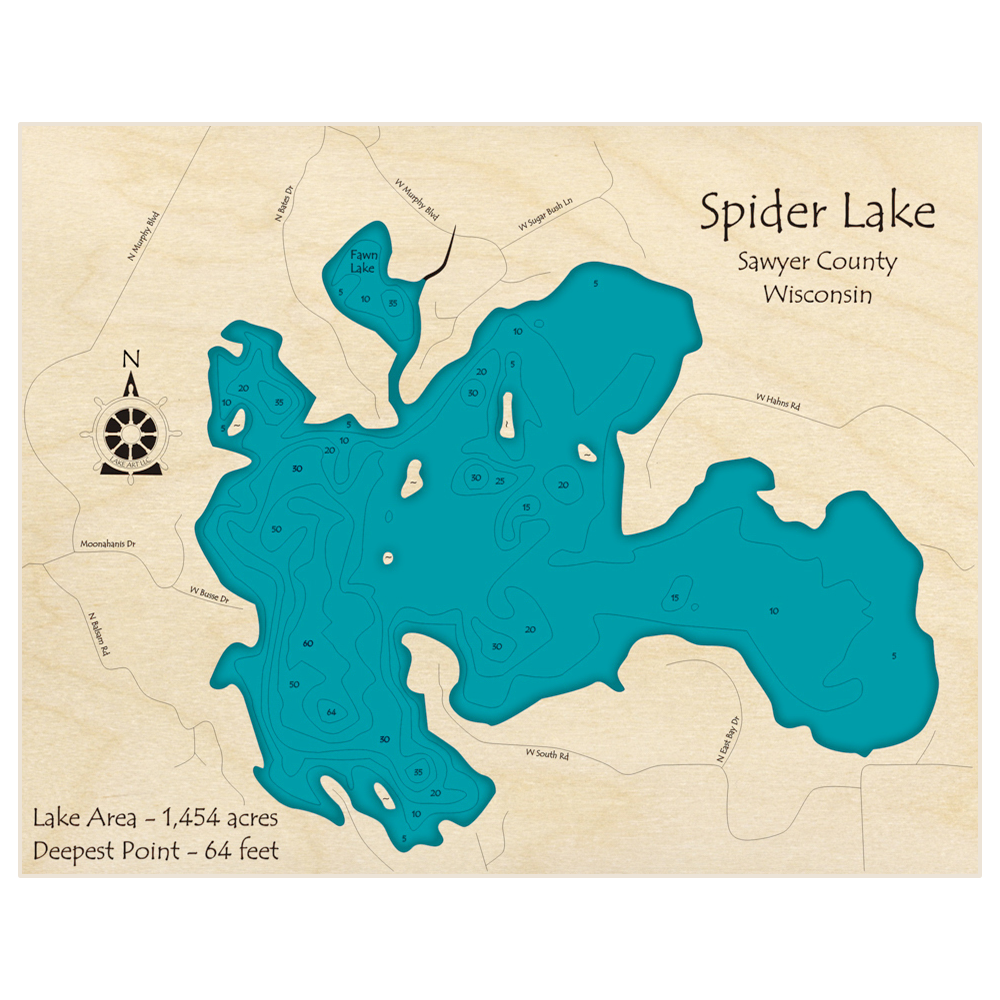 Bathymetric topo map of Spider Lake (With Fawn Lake) with roads, towns and depths noted in blue water