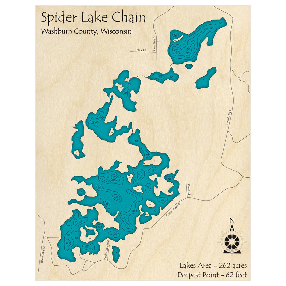 Bathymetric topo map of Spider Lake Chain with roads, towns and depths noted in blue water