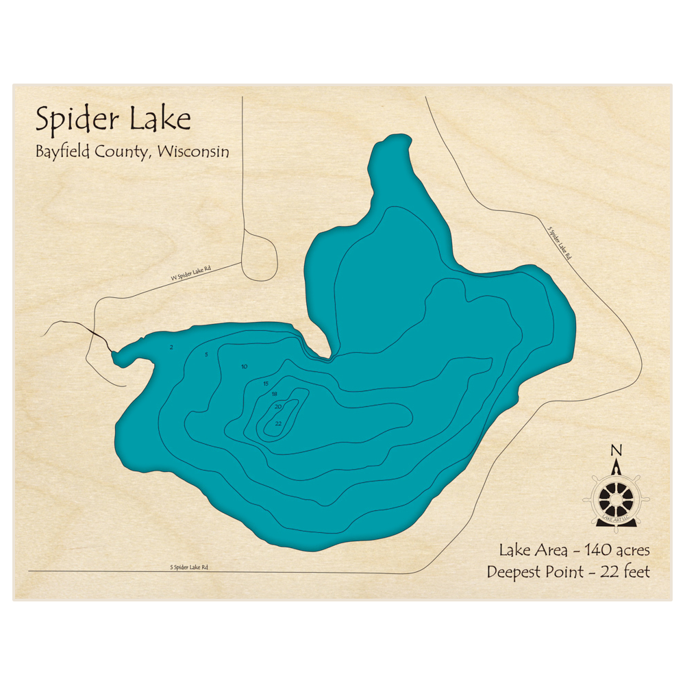 Bathymetric topo map of Spider Lake (South of Iron River) with roads, towns and depths noted in blue water