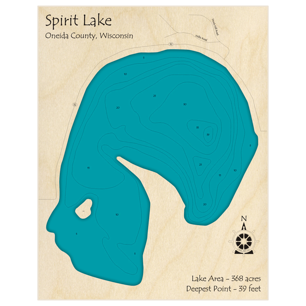 Bathymetric topo map of Spirit Lake with roads, towns and depths noted in blue water