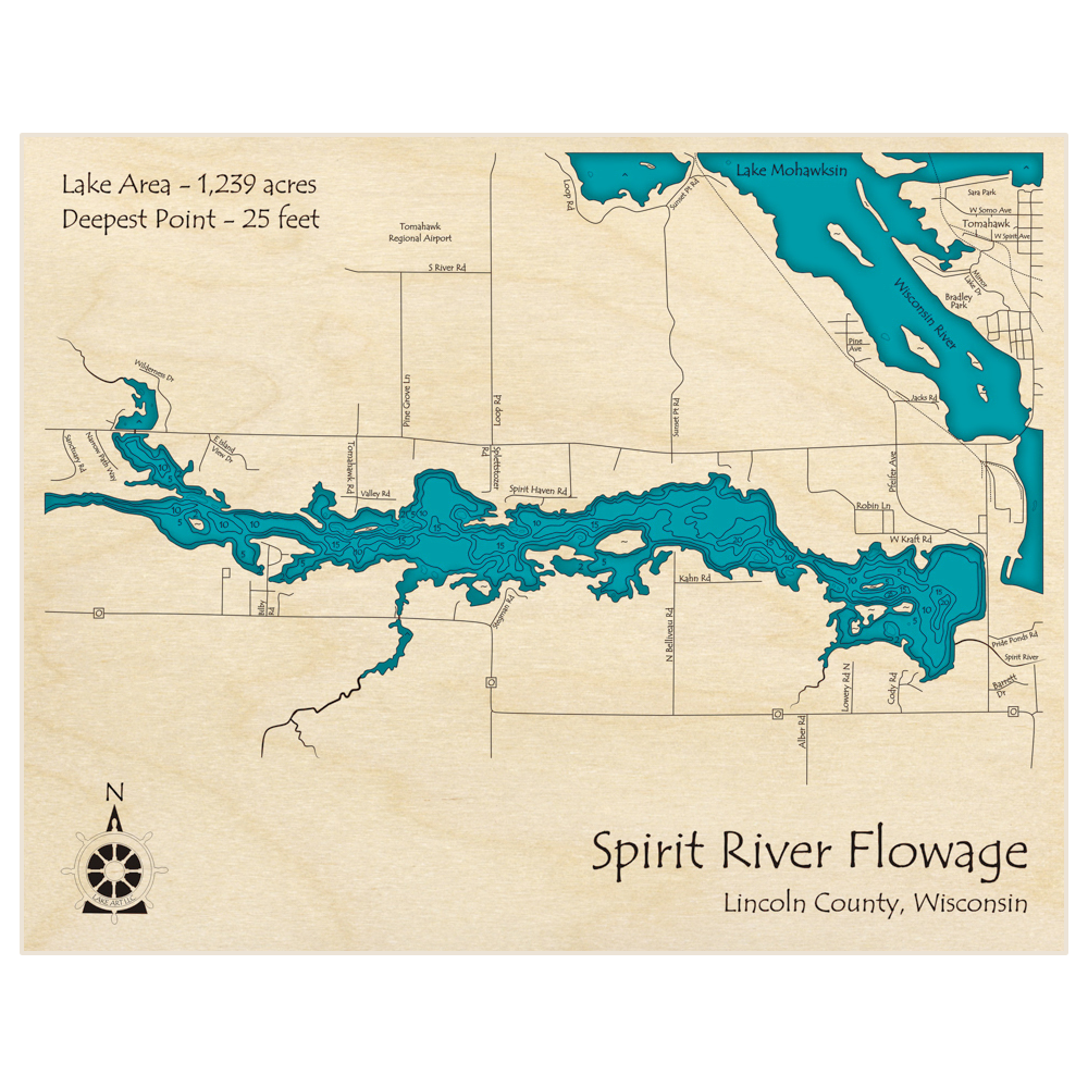 Bathymetric topo map of Spirit River Flowage with roads, towns and depths noted in blue water