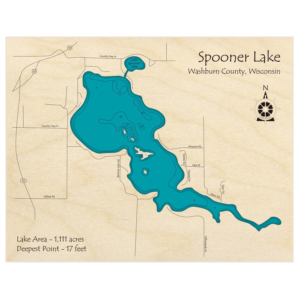 Bathymetric topo map of Spooner Lake with roads, towns and depths noted in blue water