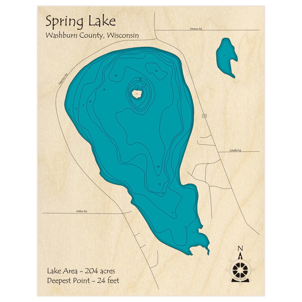 Bathymetric topo map of Spring Lake with roads, towns and depths noted in blue water