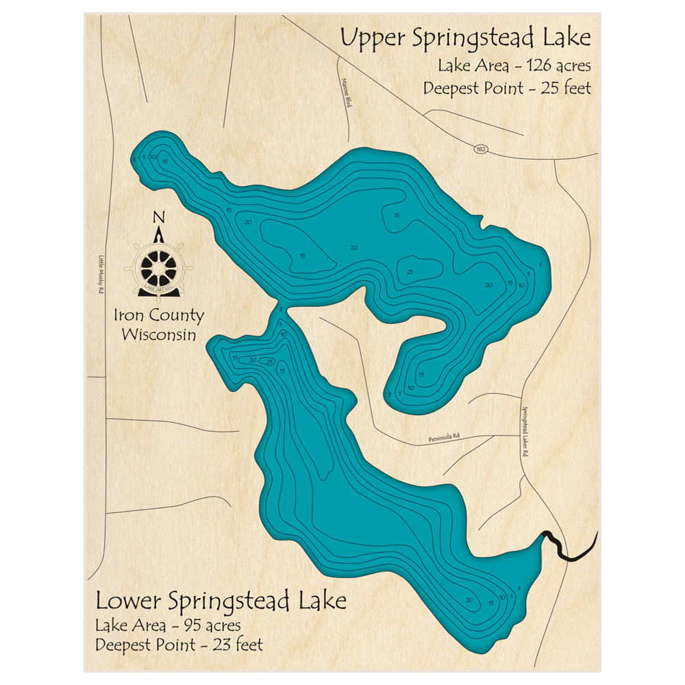 Bathymetric topo map of Springstead (Upper and Lower) with roads, towns and depths noted in blue water