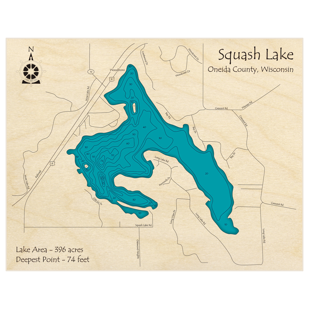 Bathymetric topo map of Squash Lake with roads, towns and depths noted in blue water
