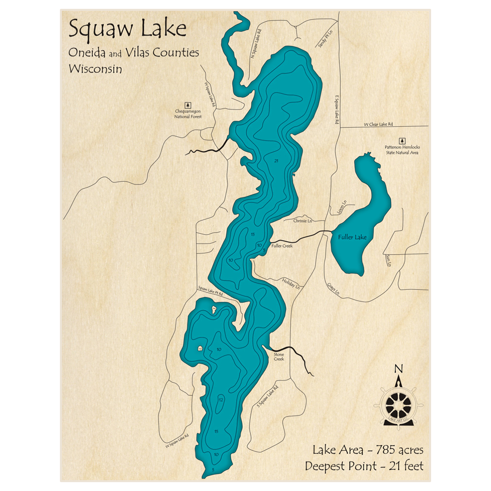 Bathymetric topo map of Squaw Lake with roads, towns and depths noted in blue water