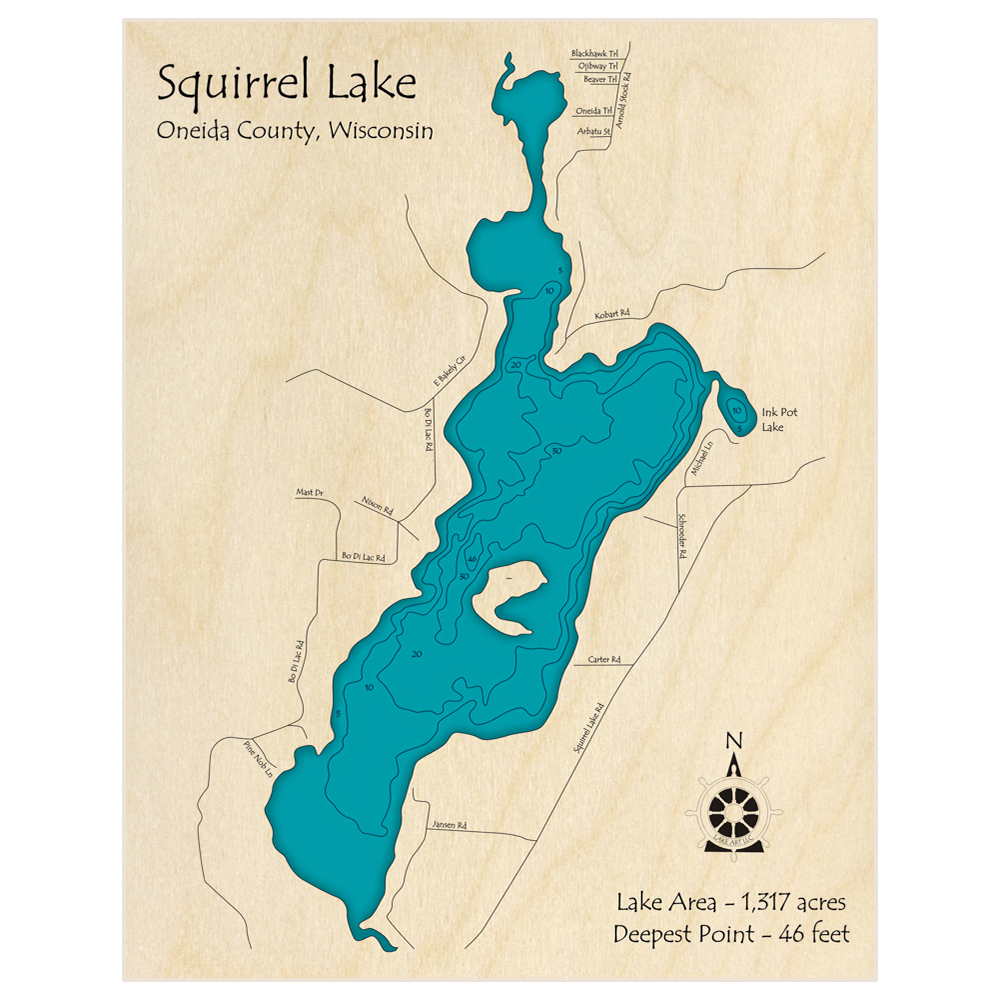 Bathymetric topo map of Squirrel Lake with roads, towns and depths noted in blue water