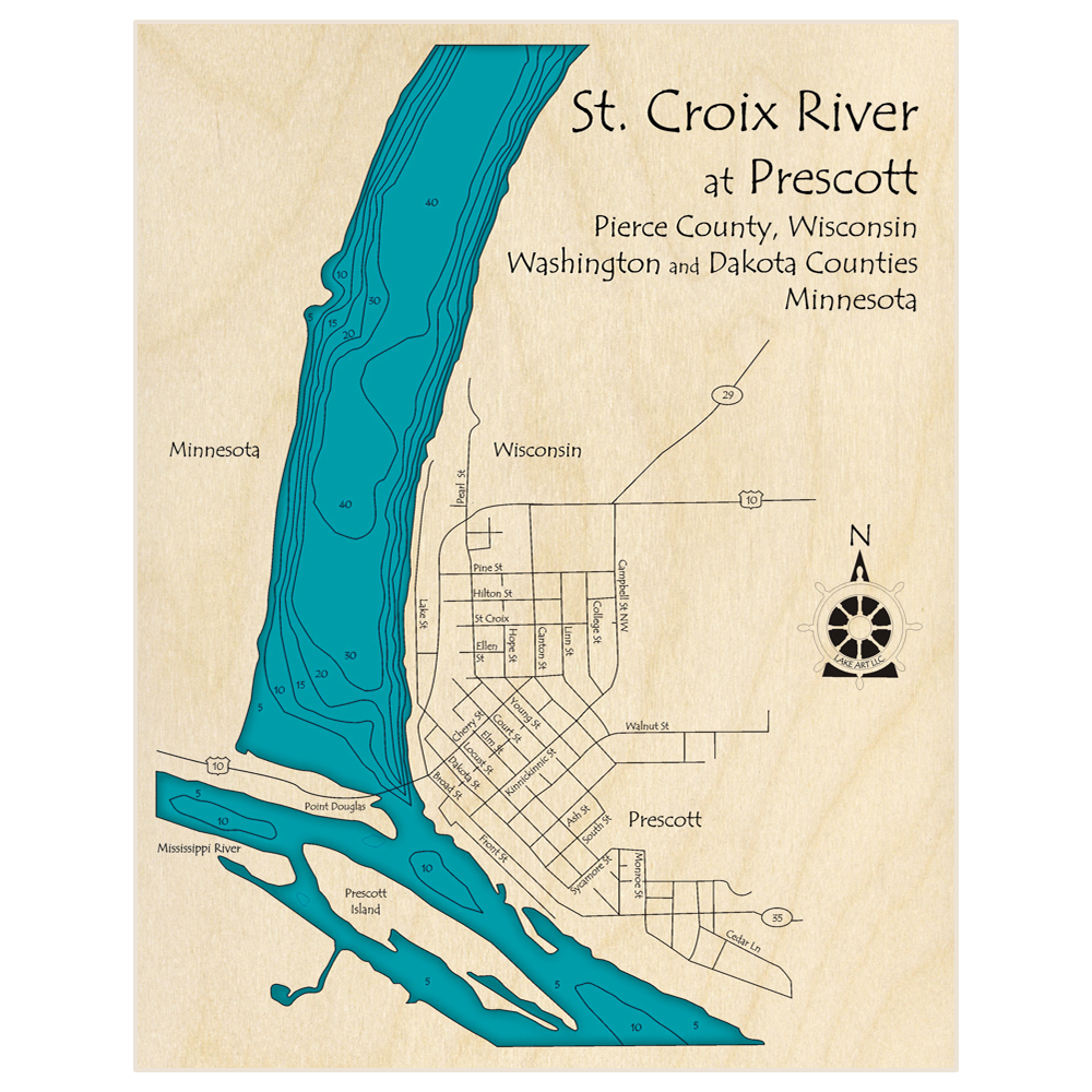 Bathymetric topo map of St Croix River (Prescott Island Region) with roads, towns and depths noted in blue water
