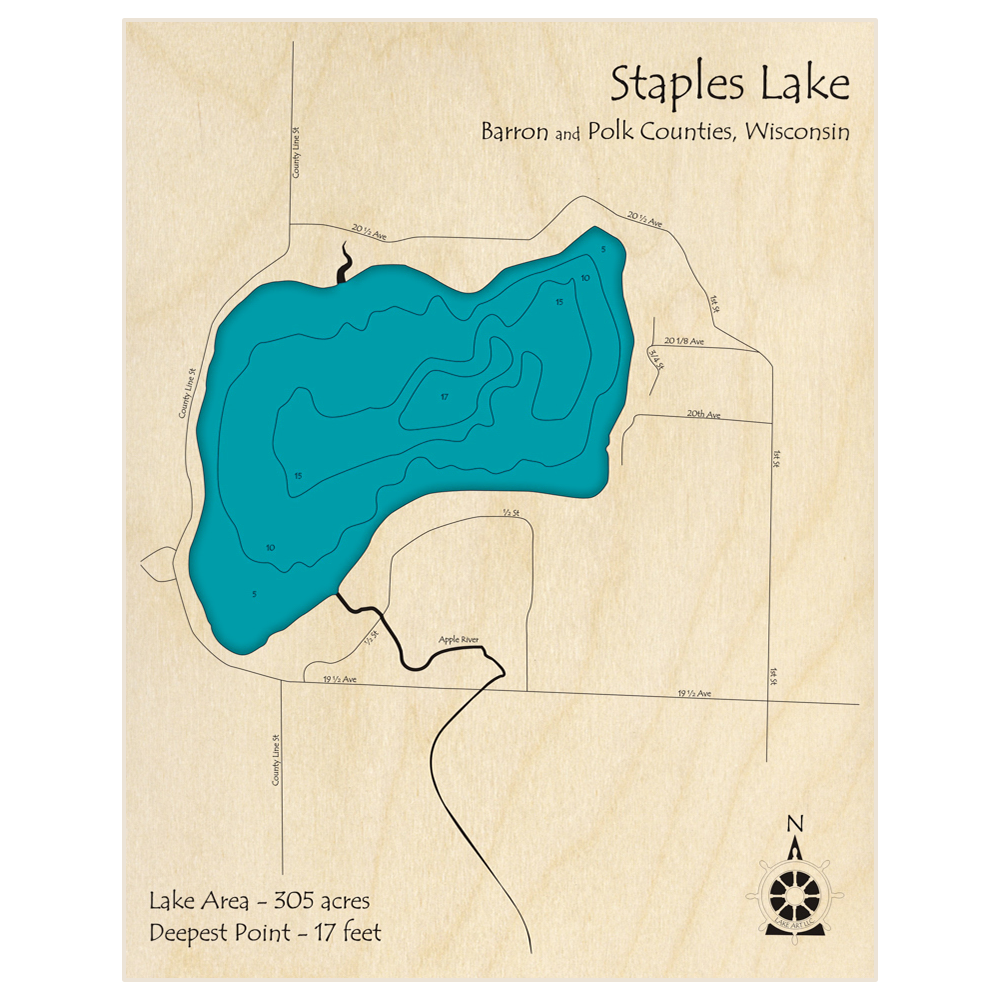 Bathymetric topo map of Staples Lake with roads, towns and depths noted in blue water