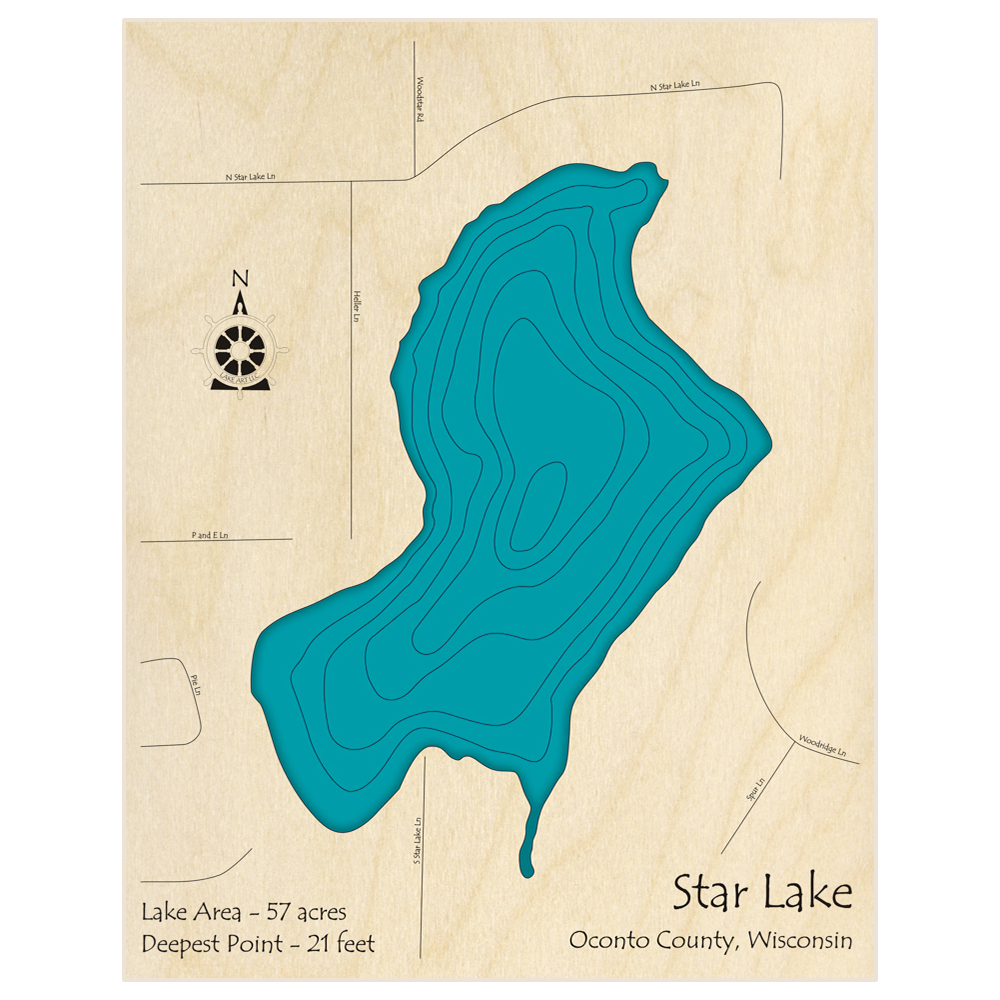 Bathymetric topo map of Star Lake  with roads, towns and depths noted in blue water