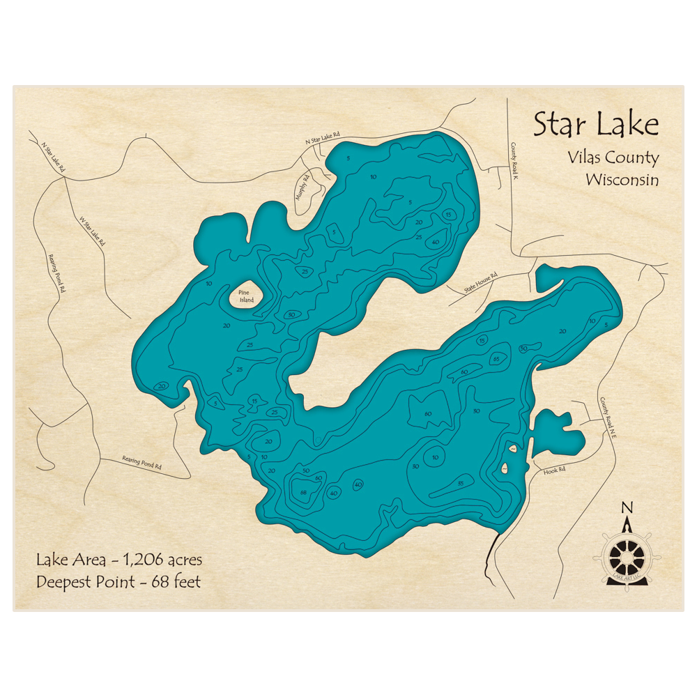 Bathymetric topo map of Star Lake (Zip 54560) with roads, towns and depths noted in blue water