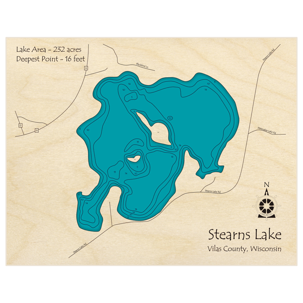 Bathymetric topo map of Stearns Lake with roads, towns and depths noted in blue water