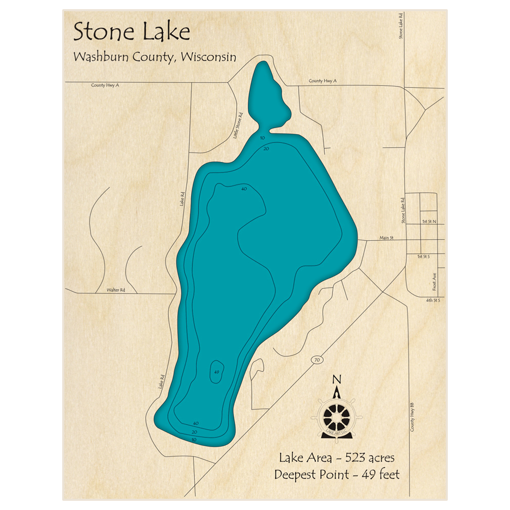 Bathymetric topo map of Stone Lake with roads, towns and depths noted in blue water