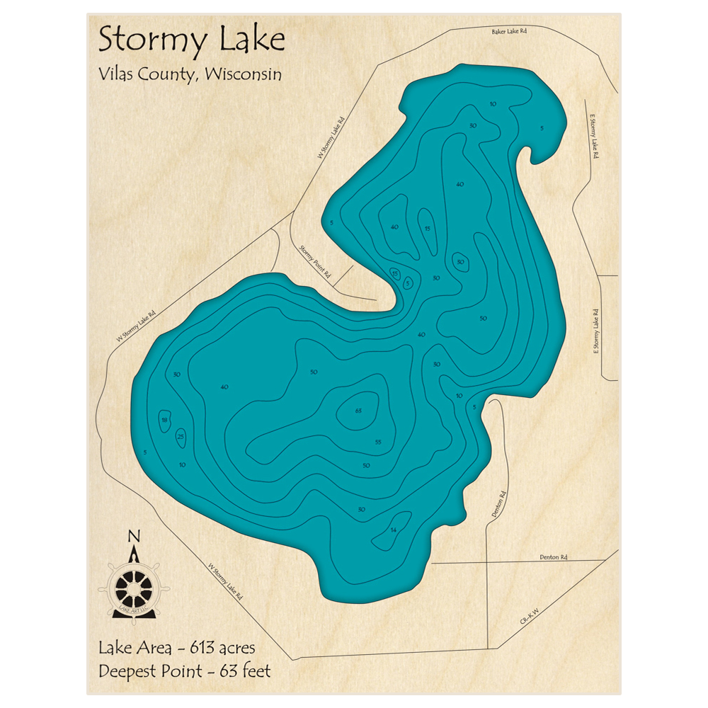 Bathymetric topo map of Stormy Lake with roads, towns and depths noted in blue water