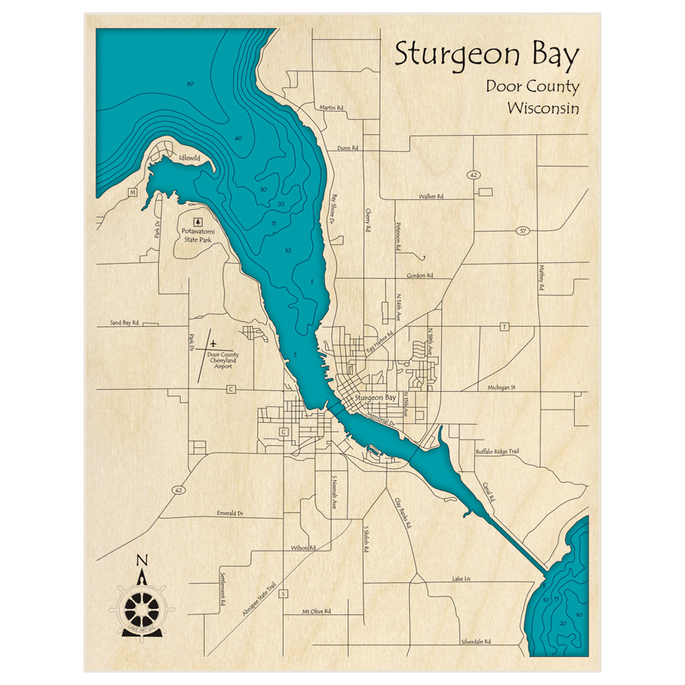 Bathymetric topo map of Sturgeon Bay with roads, towns and depths noted in blue water