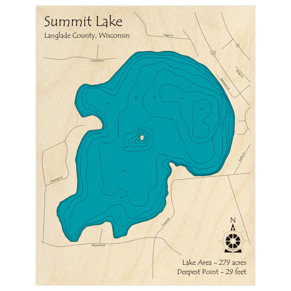Bathymetric topo map of Summit Lake with roads, towns and depths noted in blue water
