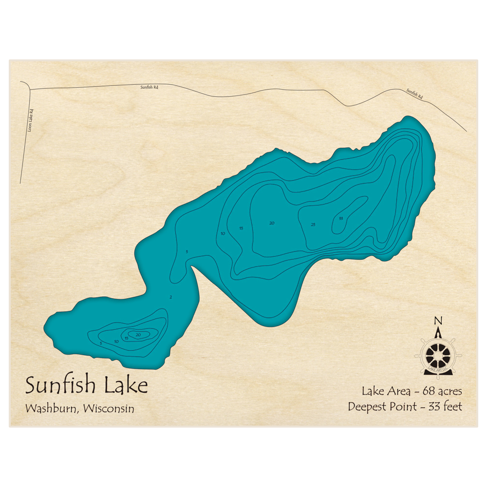 Bathymetric topo map of Sunfish Lake with roads, towns and depths noted in blue water