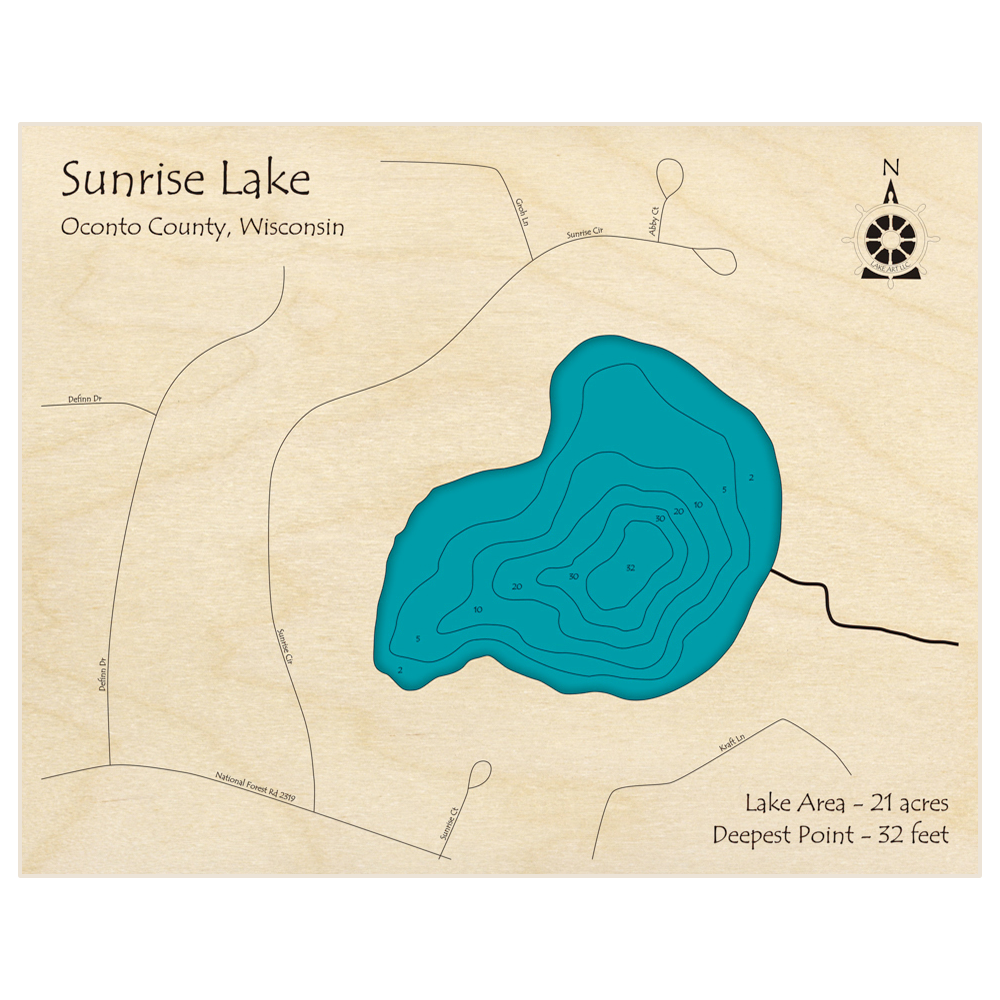 Bathymetric topo map of Sunrise Lake with roads, towns and depths noted in blue water
