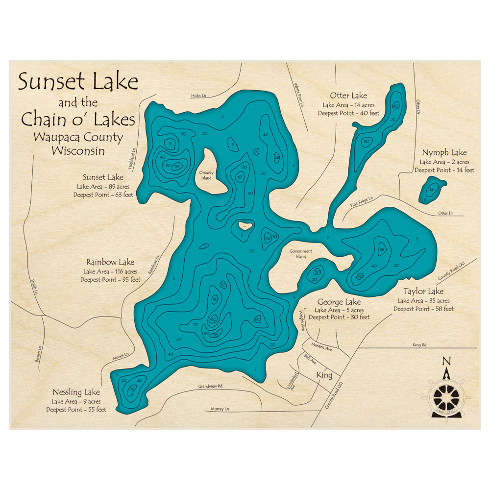 Bathymetric topo map of Sunset Lake Chain O Lakes (Rainbow Nessling Nymph George Taylor) with roads, towns and depths noted in blue water