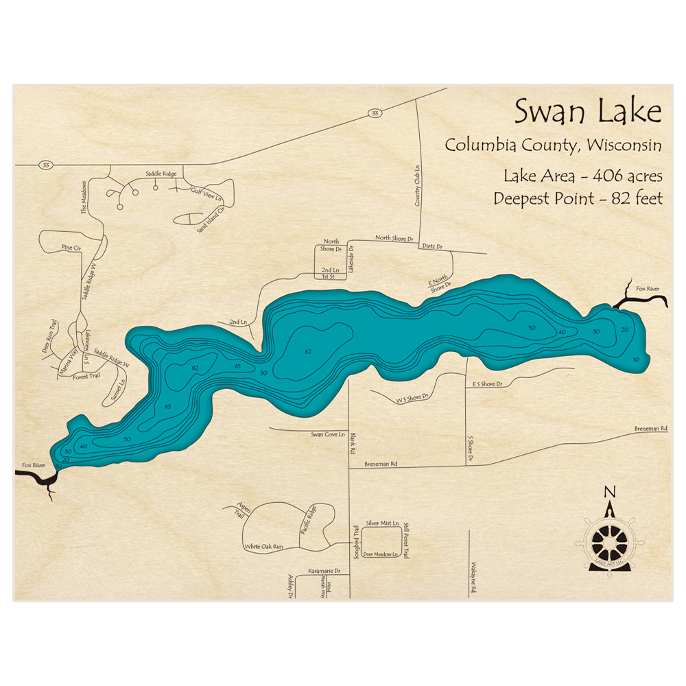 Bathymetric topo map of Swan Lake with roads, towns and depths noted in blue water