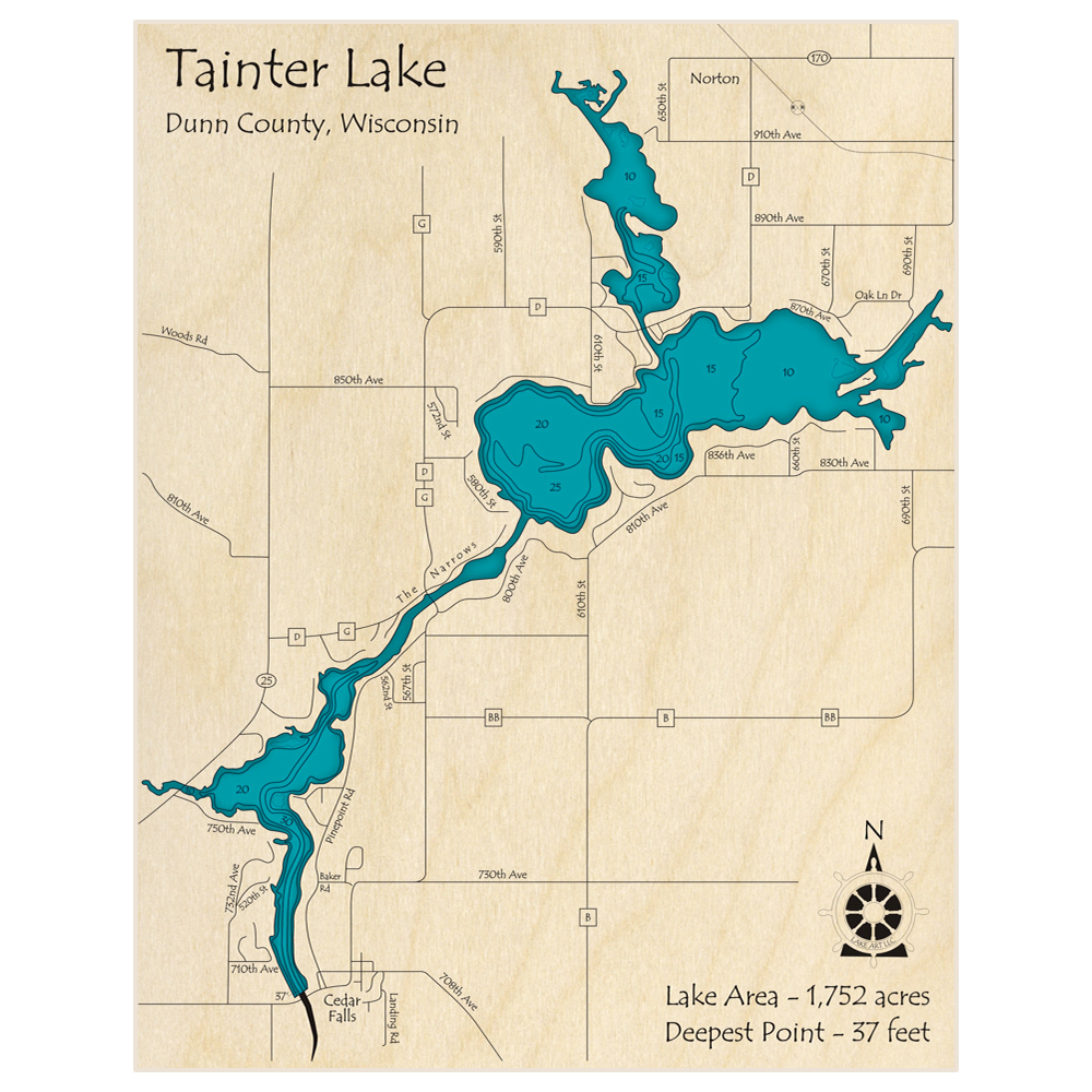 Bathymetric topo map of Tainter Lake with roads, towns and depths noted in blue water