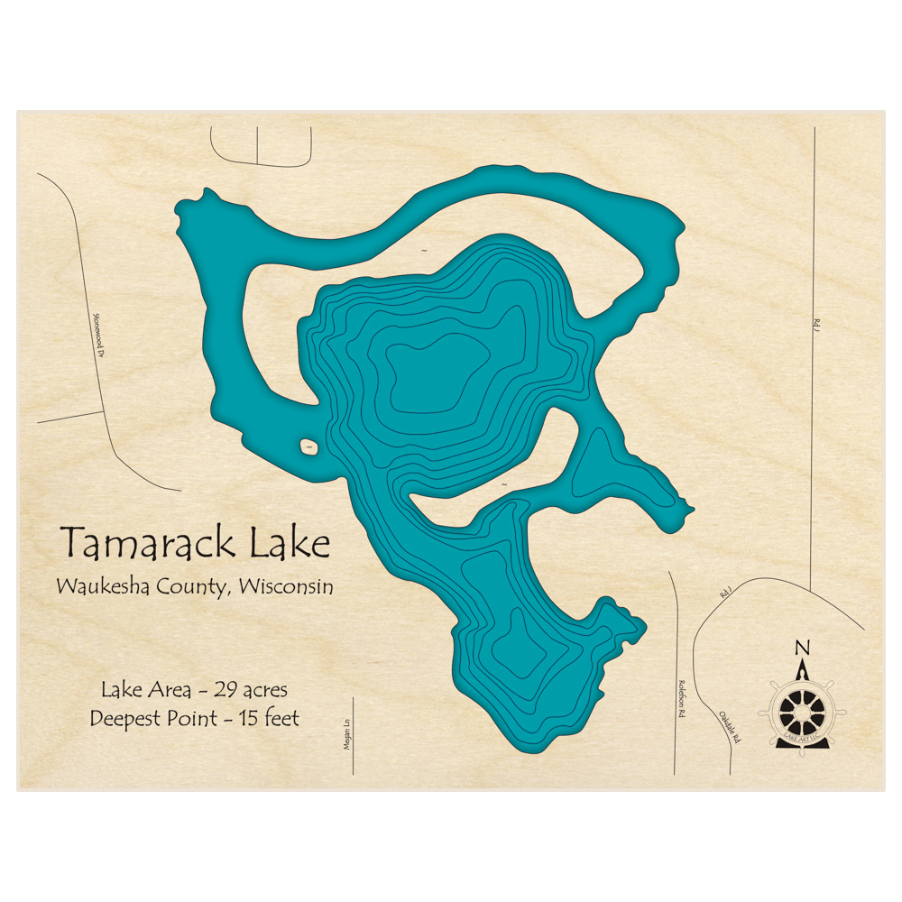 Bathymetric topo map of Tamarack Lake  with roads, towns and depths noted in blue water