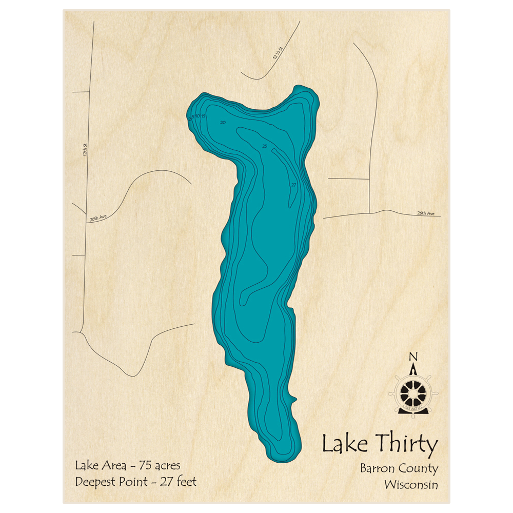 Bathymetric topo map of Lake Thirty with roads, towns and depths noted in blue water