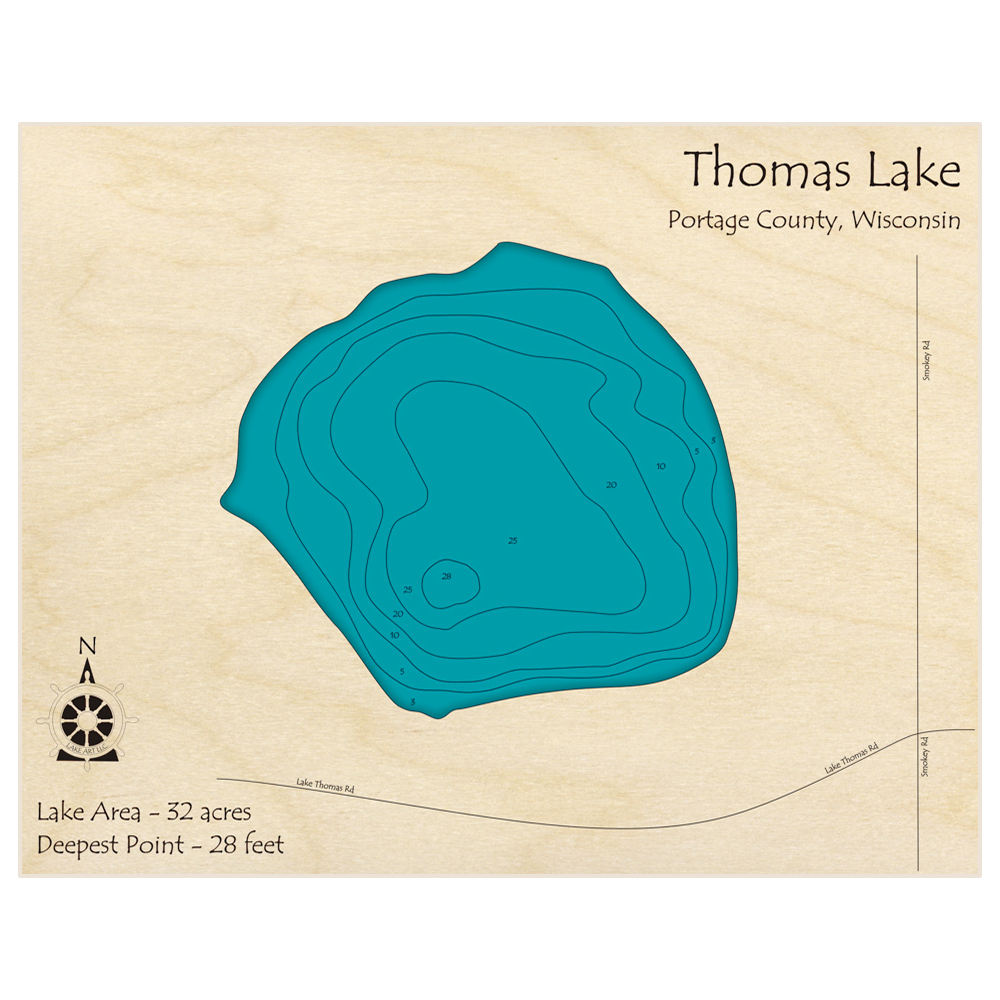 Bathymetric topo map of Thomas Lake with roads, towns and depths noted in blue water